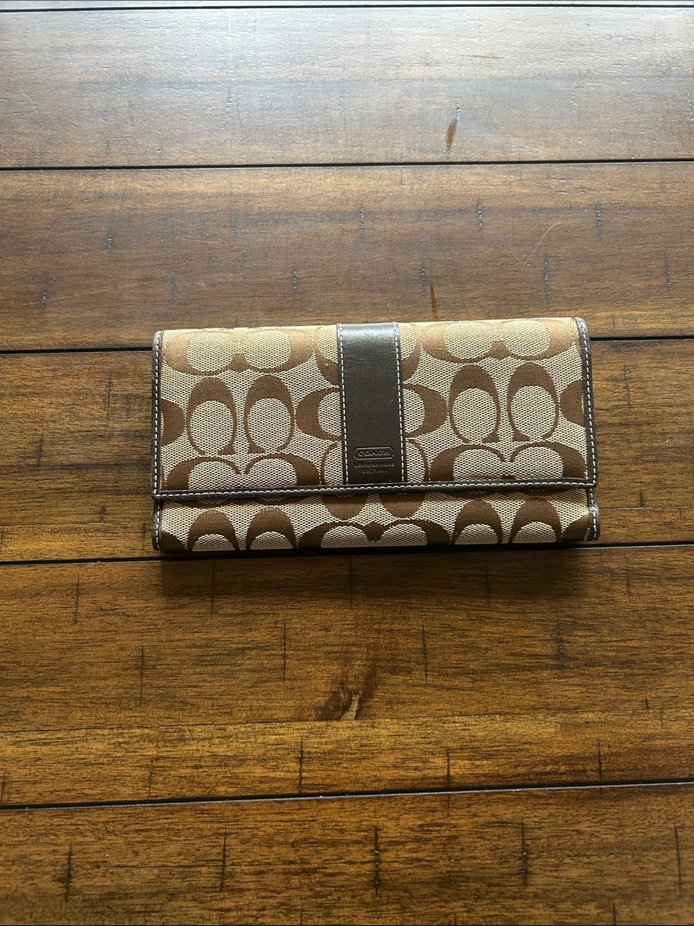 Coach Brown and Tan Signature Canvas Trifold Wallet